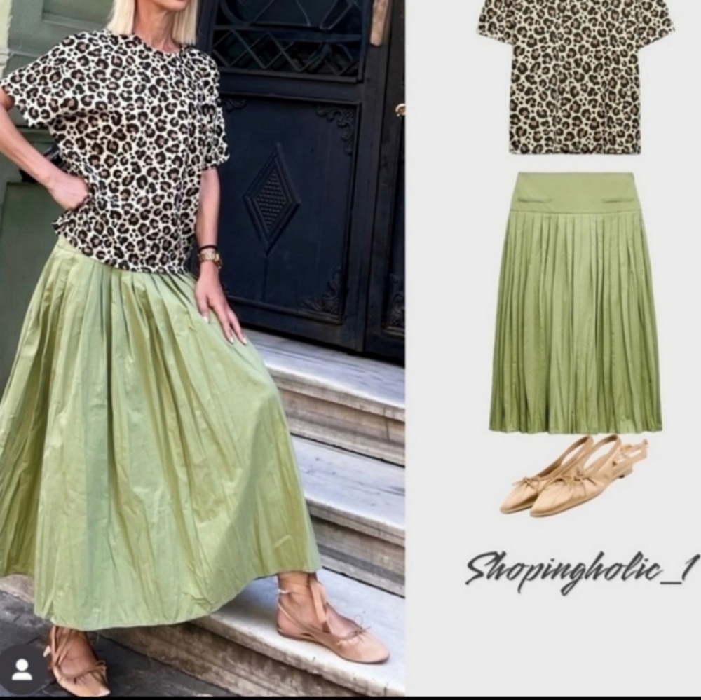 Zara Green Yoke Detail Pleated Skirt ZW Collection Size Large - Picture 5 of 16